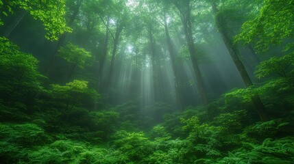 Obraz premium Sunbeams pierce misty, lush green forest.