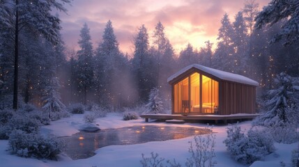 Cozy Winter Cabin in Snowy Forest Romantic Twilight Scene