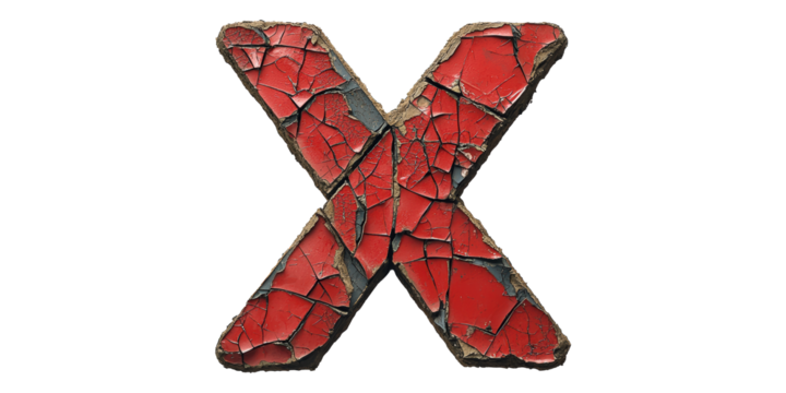 Red weathered metal letter x with cracked paint isolated on transparent background