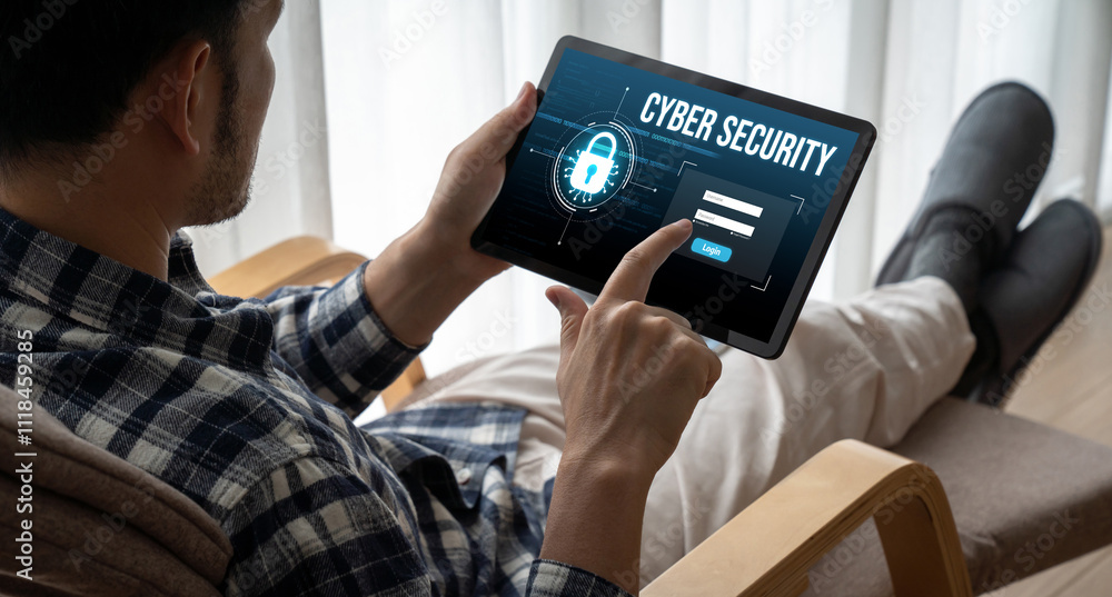 Poster cyber security system on computer screen protect private information snugly from hacker and cyber at