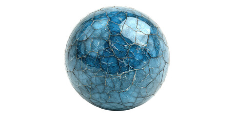 Blue cracked sphere with shiny surface isolated on transparent background