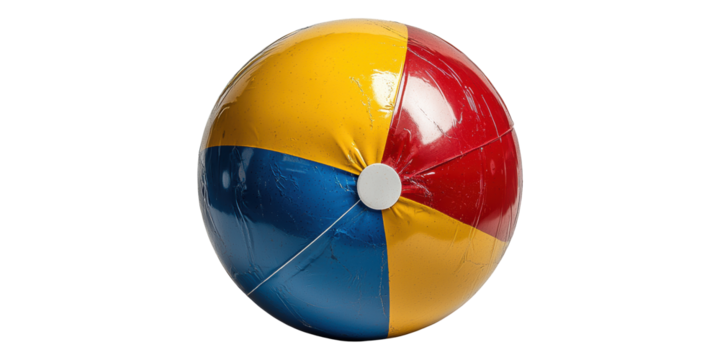 Colorful beach ball with red, yellow, and blue panels isolated on transparent background - Powered by Adobe