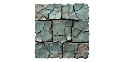 Cracked blue stone texture block isolated on transparent background