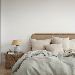 Stylish bedroom with organic cotton bedding, rattan headboard, and free space on the left for text or branding.