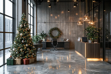 Christmas at a modern office with christmas tree and decorations, marble floor
