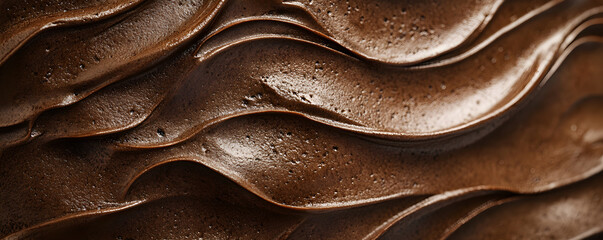 Close up texture of  thick glossy chocolate mousse. Cream from whipped melted choco. Macro of chocolate ganache texture. Color of the year 2025 Mocha Mousse. Dessert and confectionery concept.