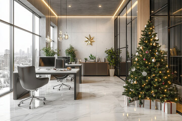 Christmas at a modern office with christmas tree and decorations, marble floor
