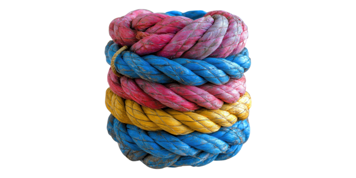 Coiled multicolored rope stack isolated on transparent background