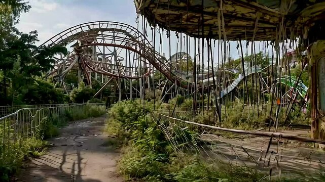 a roller coaster  and  a carousel  in an abandoned theme park.