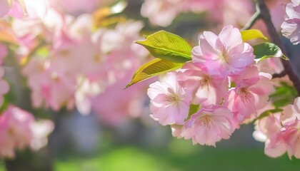 Obraz premium Vibrant Cherry Blossom Blooms Illuminated by Gentle Spring Sunlight. Perfect Visual for Nature Themed Art, Relaxing Wallpapers, Seasonal Marketing, and Celebrating Springtime Serenity