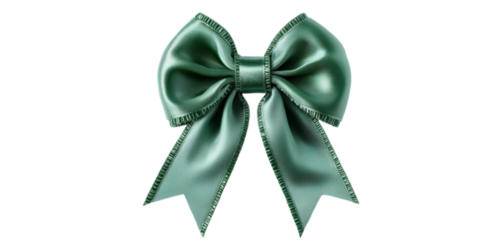 Green ribbon bow with stitched edges isolated on transparent background