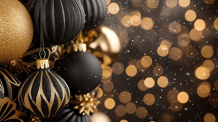 Elegant Black Gold Christmas Ornaments Festive Holiday Decor Sparkling Background