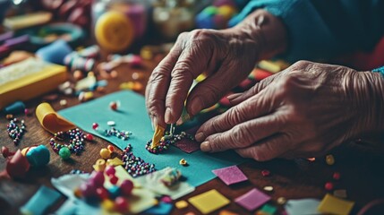 A close-up of hands crafting with colorful materials on a table.
