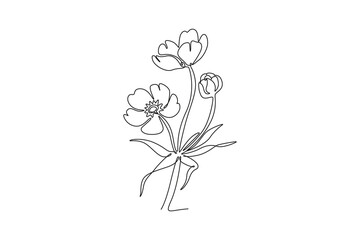 Single one line drawing of beauty fresh ranunculus for home decor wall art poster. Printable decorative buttercup flower greeting card ornament. Continuous line draw design graphic vector illustration