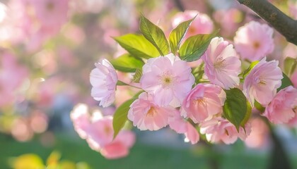 Fototapeta premium Vibrant Cherry Blossom Blooms Illuminated by Gentle Spring Sunlight. Perfect Visual for Nature Themed Art, Relaxing Wallpapers, Seasonal Marketing, and Celebrating Springtime Serenity