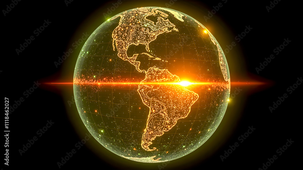 Poster glowing planet earth with glowing lines and dots. 3d rendering