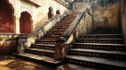 Obraz premium Ancient Indian Stepwell Architecture Geometric Patterns Stone Staircase Shadows