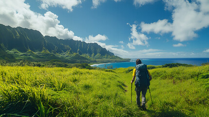 Hiker trekking through grassy trail overlooking ocean and mountains