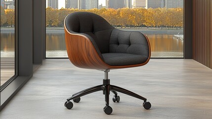 A chair sitting in front of a large window with a view of a city