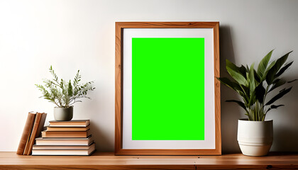 mock up wooden frame with green screen, plants, and books. Perfect for stationery, book cover design, or creative writing concept backgrounds.