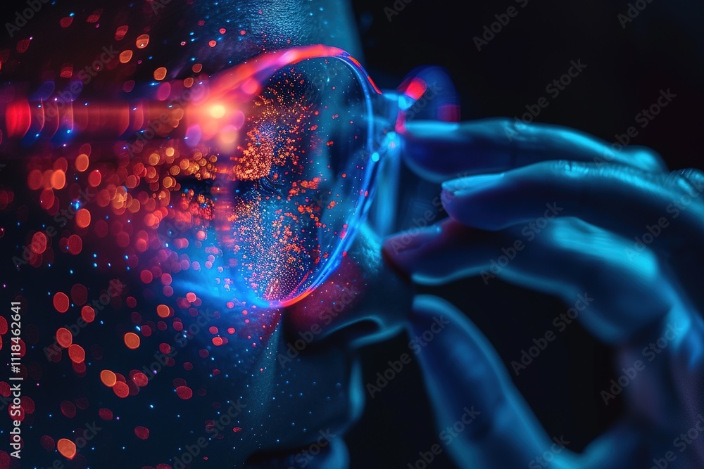 Aufkleber metaverse and blockchain technology concepts. person with glasses try to touching object for experie
