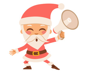Santa with megaphone vector illustration. Cute cartoon character holding sound device celebrating Christmas isolated on white background