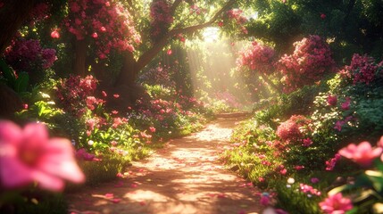 Fototapeta premium Sunlit path through a magical pink flower garden.