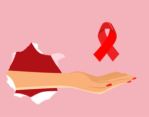 World AIDS Day Ribbon symbol on female hand vector illustration. Health solidarity concept drawing