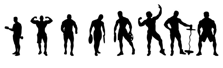 Bodybuilder man vector silhouette set.
