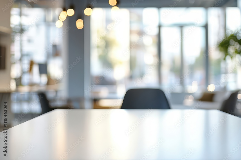 Poster a blurred view of a modern office space with a table and chair, creating a calm atmosphere.
