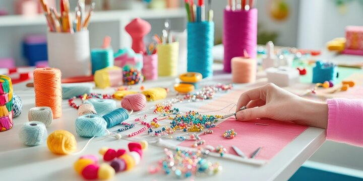 A colorful craft workspace filled with beads, threads, and tools for creative projects. - Powered by Adobe