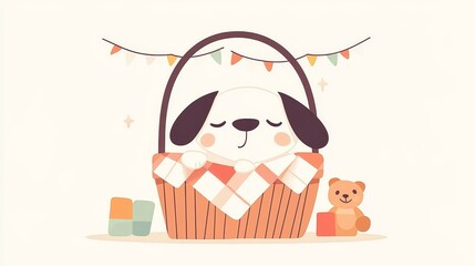 Obraz premium A dog is sitting in a basket with a bear