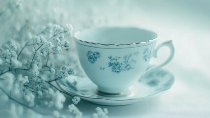 Fototapeta premium Elegant teacup with floral design next to delicate baby's breath flowers