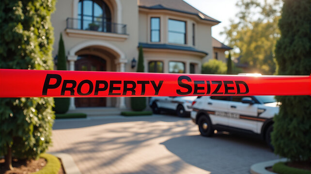 Property Seized Red Tape Across Luxury Mansion Entrance With Police Vehicle, Law Enforcement Action