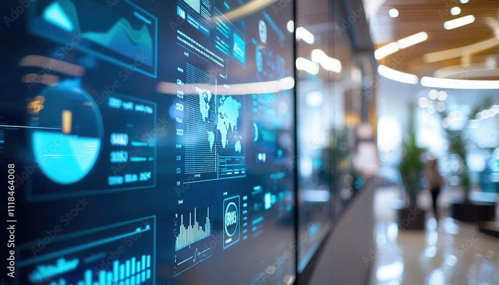 Poster modern digital display of financial data in bank environment with charts and graphs visible on scree