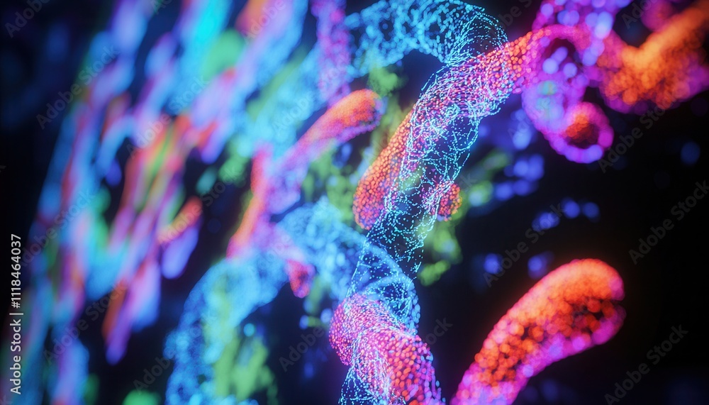 Poster vibrant 3d visualization of colorful cellular structures with intricate patterns and lively colors