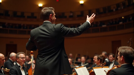 Passionate Orchestra Conductor Leading Symphony Performance in Grand Concert Hall, Musical Excellence