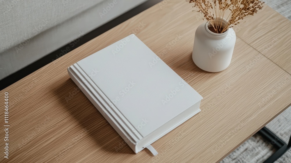 Poster simple coffee table with a neatly arranged book and a single candle
