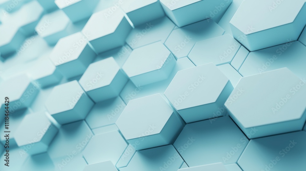 Poster abstract honeycomb structure with floating hexagonal tiles in soft blue color palette