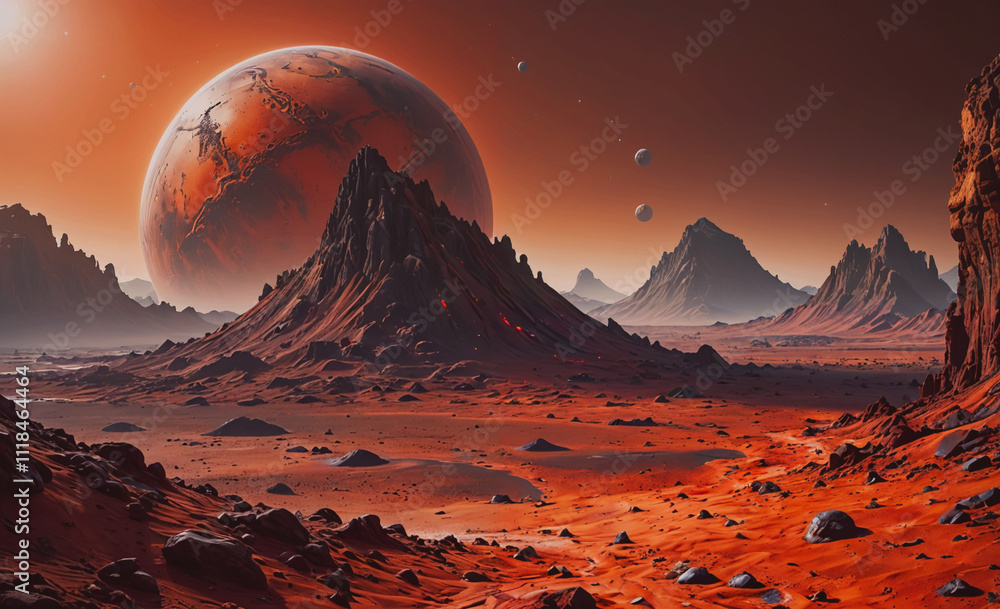 Poster a desolate landscape with a large red planet in the background. the planet is surrounded by a few sm