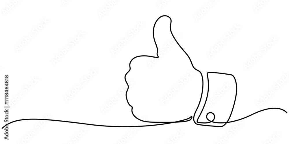Poster Continuous one line drawing of like hand showing thumb up. Vector illustration, Minimalist vector illustration representing a thumb up, a symbol of approval, drawn with one continuous line, pro vector