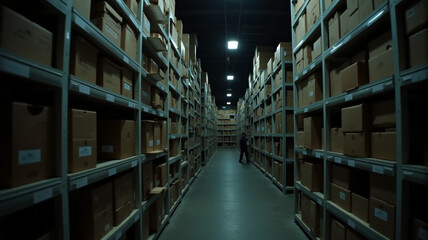 Industrial Storage Warehouse Interior With Endless Rows of Archive Boxes, Government Repository