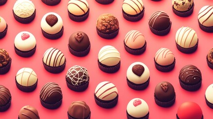 Obraz premium Pattern of Assorted Chocolate Truffles on Vibrant Pink Background