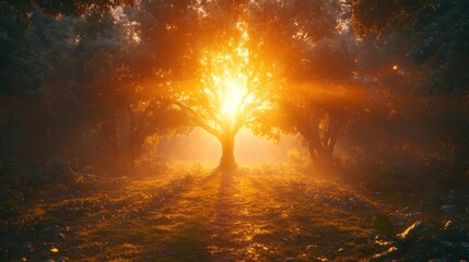 Obraz premium Sunlit tree in misty forest.