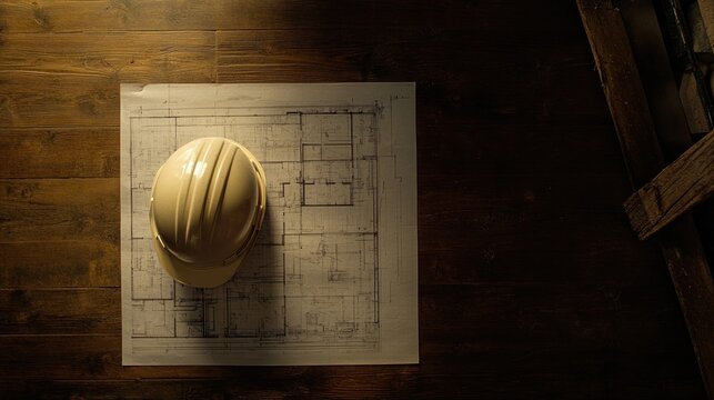 A hard hat rests on architectural blueprints on a wooden surface.