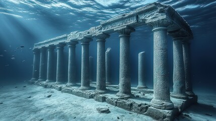 Sunlit underwater ancient ruins with columns.