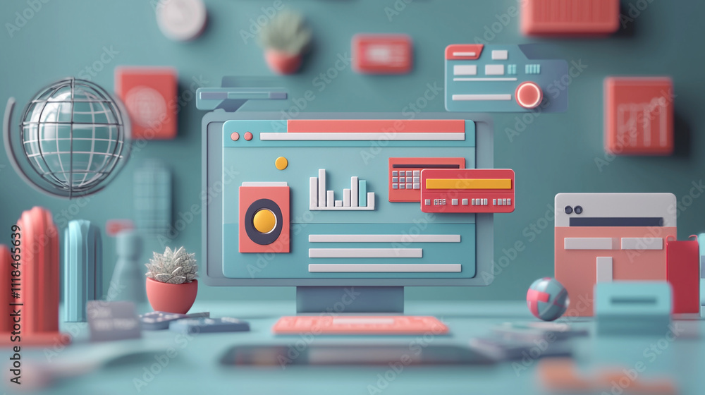 Poster abstract futuristic 3d interface showing a digital projection of a stock market analysis, vibrant wo