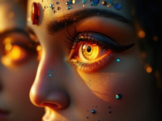 Woman showing golden eyes and sparkling makeup during sunset