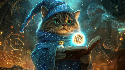 A regal British Shorthair cat dressed as a magical wizard, complete with a star-patterned blue robe and a pointy hat, holding a glowing crystal ball with a spellbook nearby, surrou