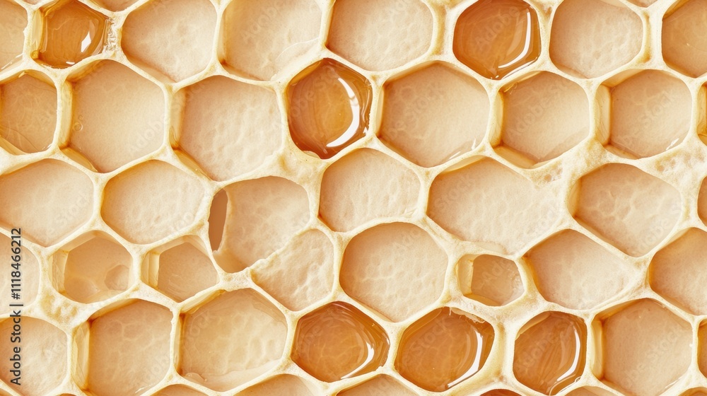 Poster close-up view of honeycomb structure with hexagonal cells and golden honey in natural arrangement